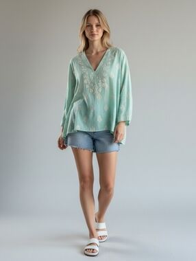 Light Green Embroidered V-Neck Women's Top